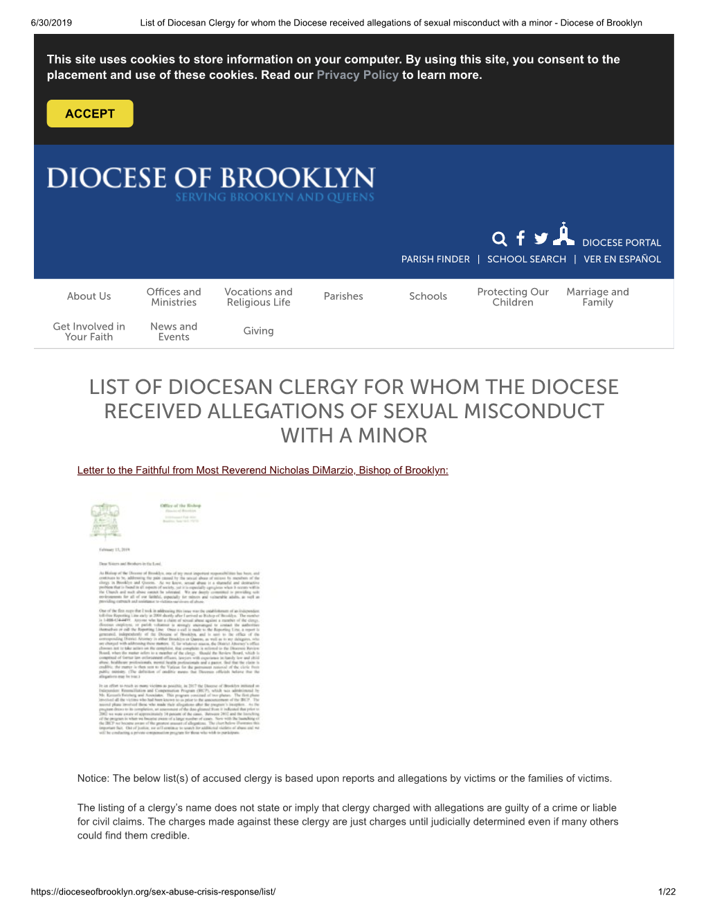 List of Diocesan Clergy for Whom the Diocese Received Allegations of Sexual Misconduct with a Minor - Diocese of Brooklyn