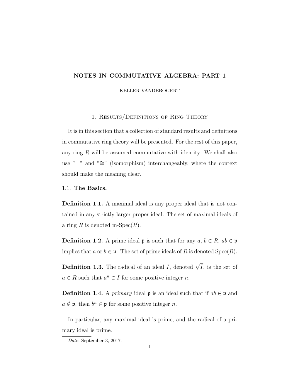 NOTES in COMMUTATIVE ALGEBRA: PART 1 1. Results/Definitions Of