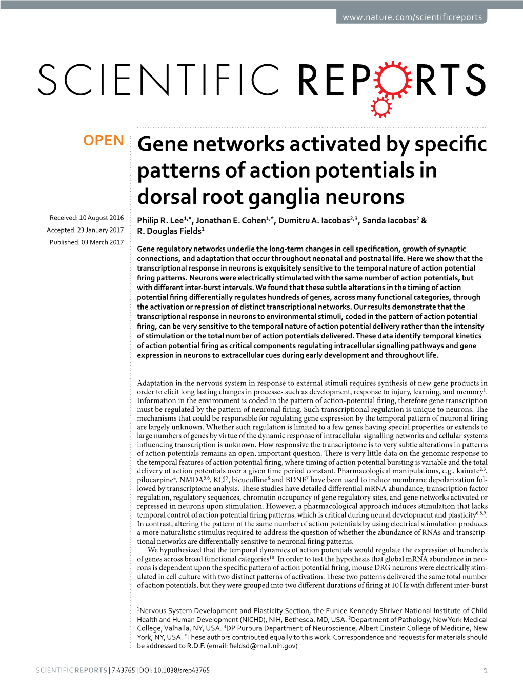 Gene Networks Activated by Specific Patterns of Action Potentials in Dorsal Root Ganglia Neurons Received: 10 August 2016 Philip R