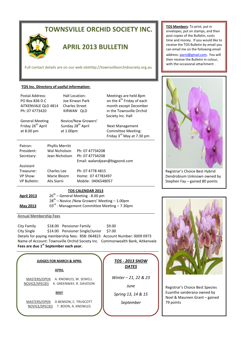 Townsville Orchid Society Inc. April 2013 Bulletin