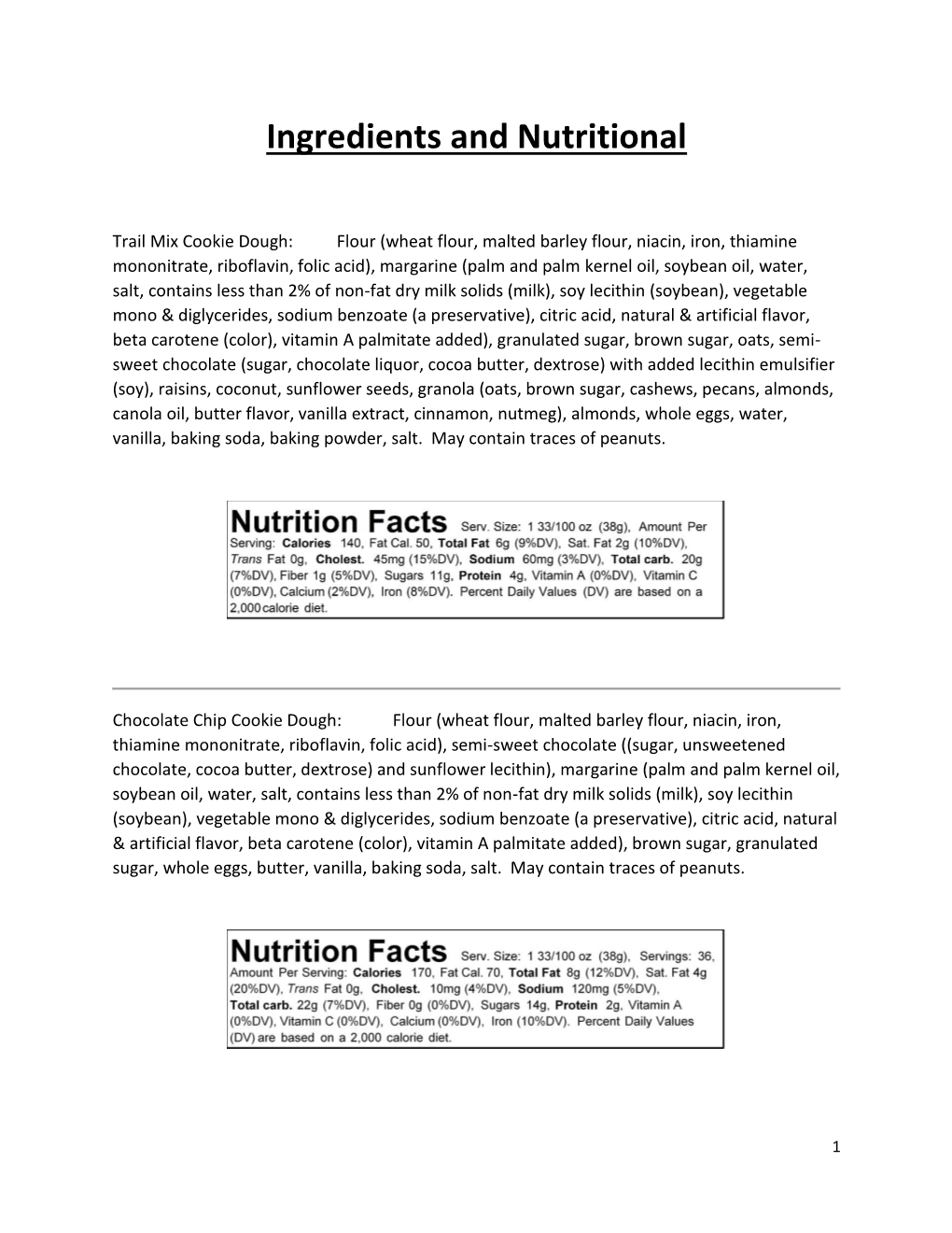 Ingredients and Nutritional