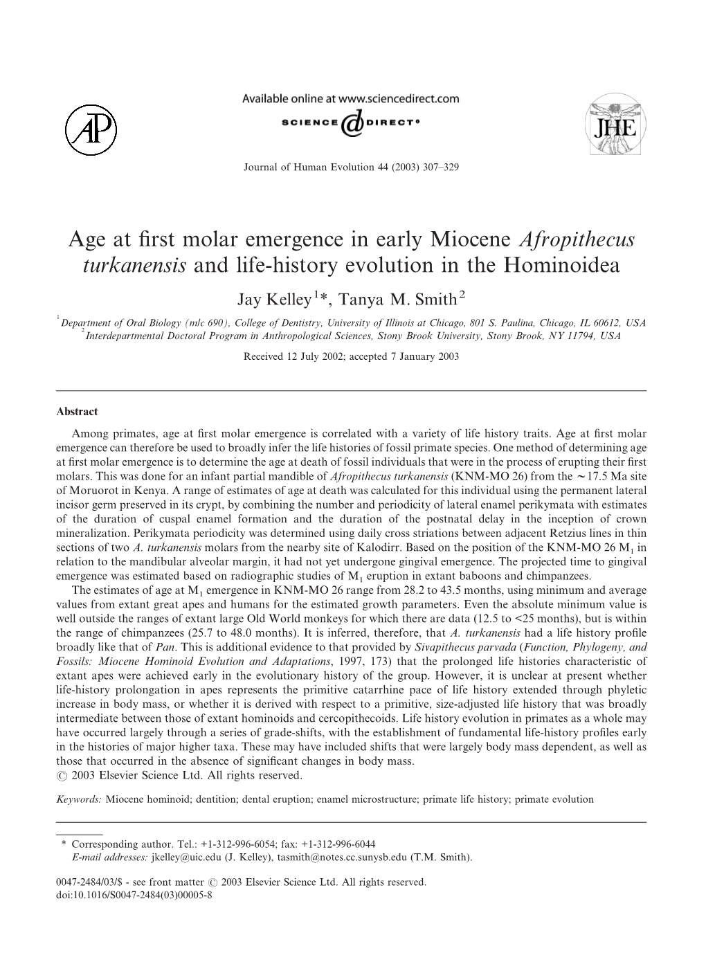 Age at First Molar Emergence in Early Miocene Afropithecus Turkanensis