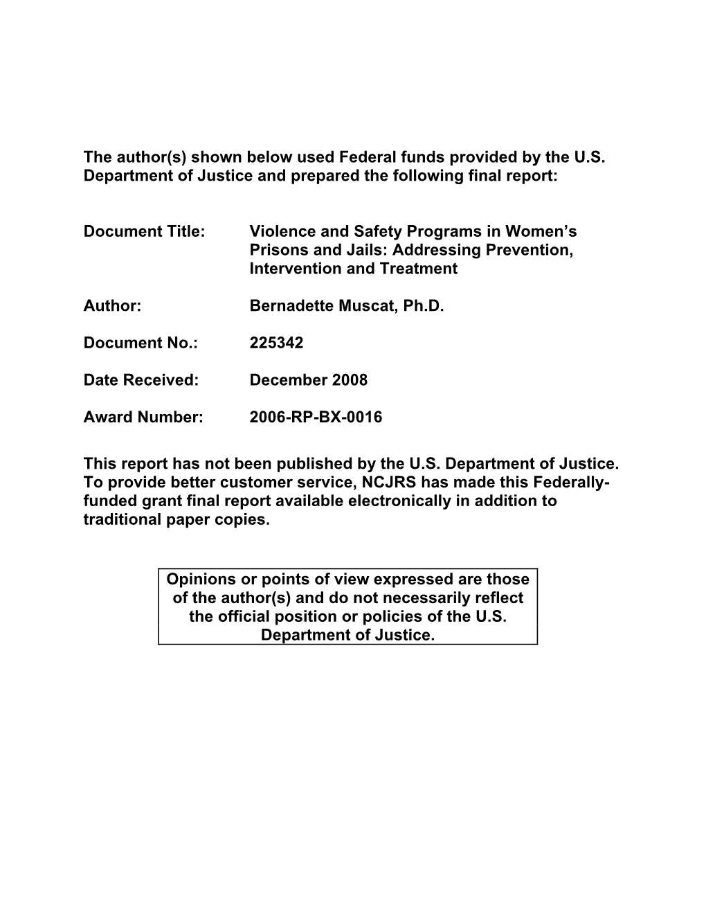 Violence and Safety Programs in Women's Prisons and Jails