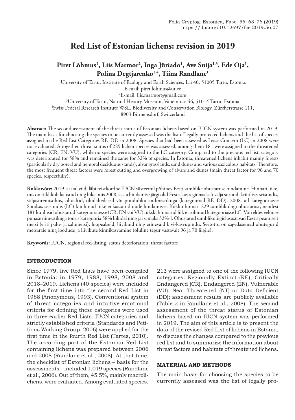 Red List of Estonian Lichens: Revision in 2019