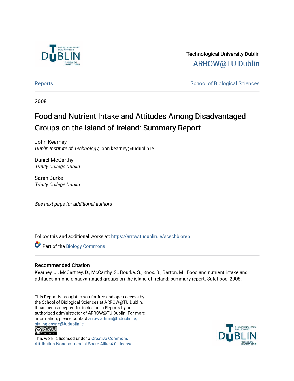 Food and Nutrient Intake and Attitudes Among Disadvantaged Groups on the Island of Ireland: Summary Report