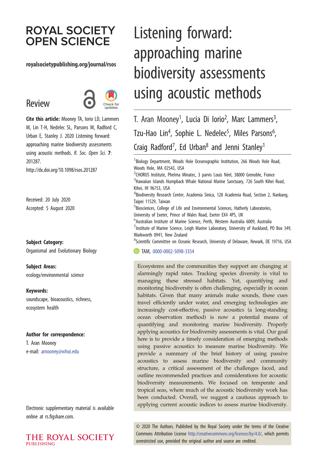 Approaching Marine Biodiversity Assessments Using Acoustic Methods