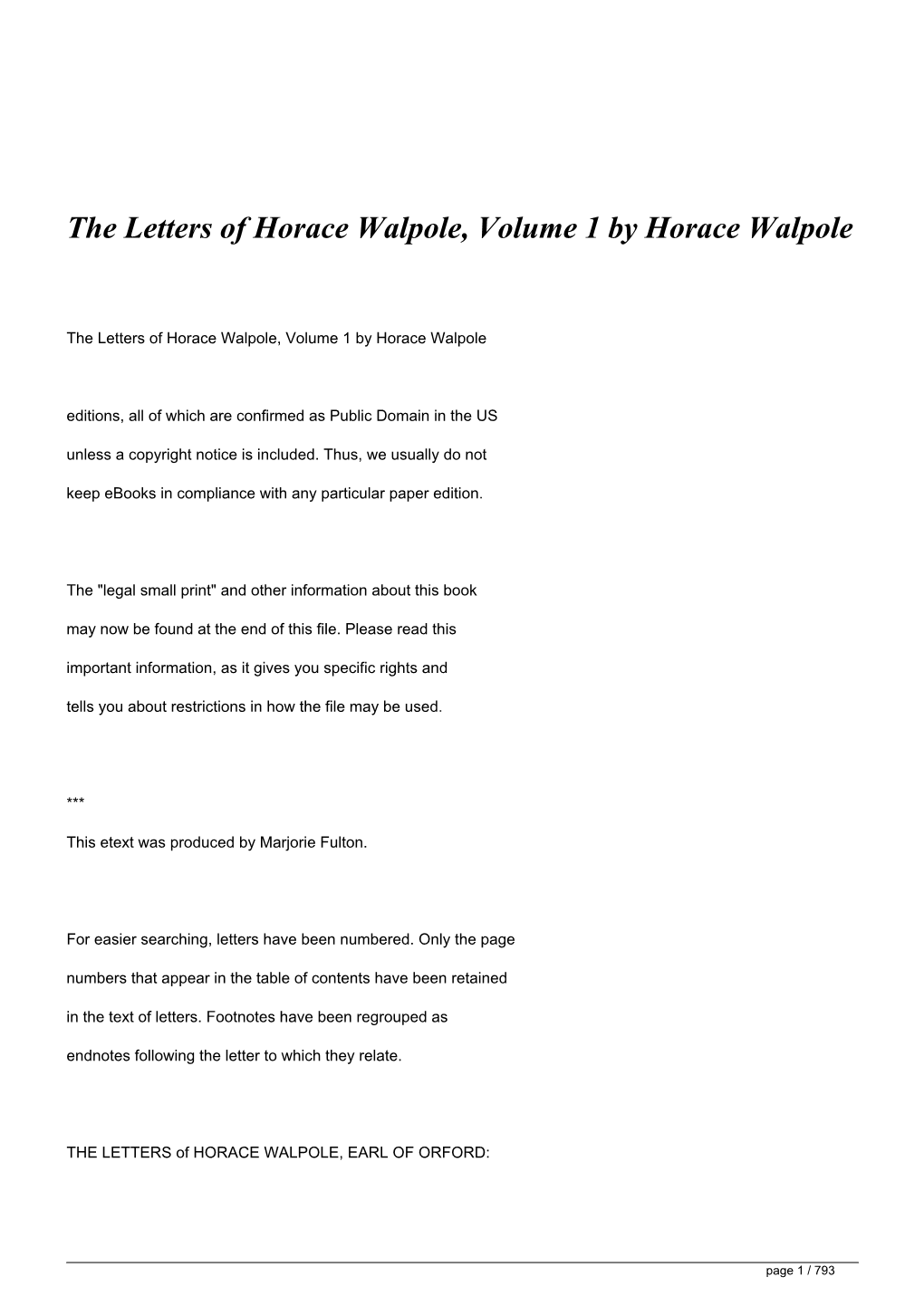 Horace Walpole's Letters