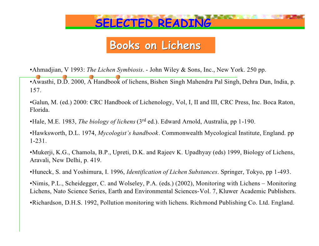 Books on Lichens SELECTED READING