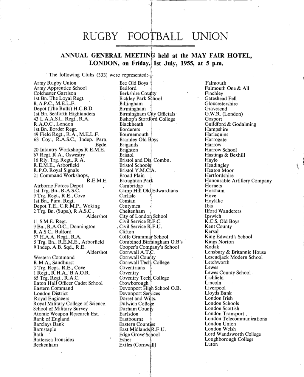 RUGBY FOOI BALL UNION L, ! ANNUAL GENERAL Meetinp Held at the MAY FAIR HOTEL, LONDON, on Friday,R Ist July, 1955, at 5 P.Rn