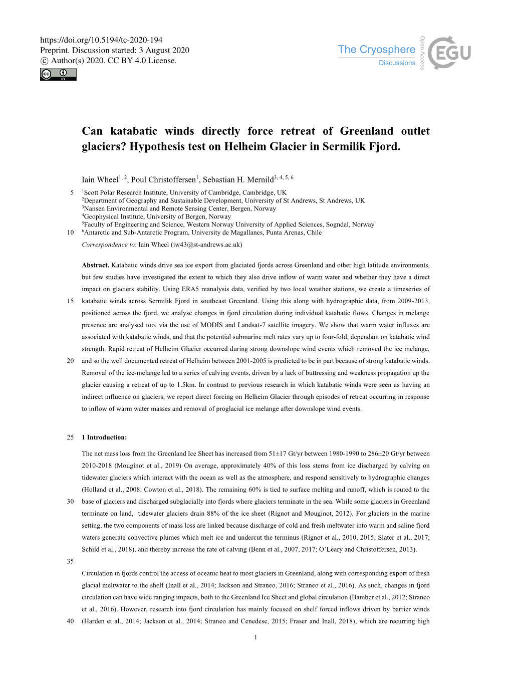 Can Katabatic Winds Directly Force Retreat of Greenland Outlet Glaciers? Hypothesis Test on Helheim Glacier in Sermilik Fjord