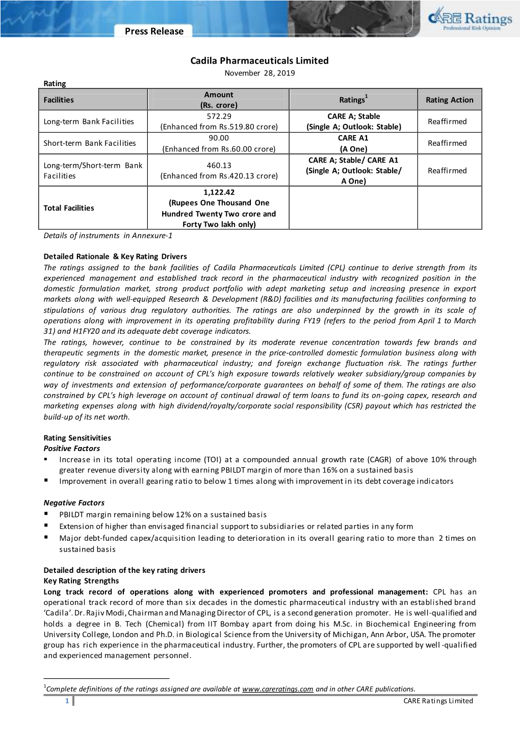 Press Release Cadila Pharmaceuticals Limited