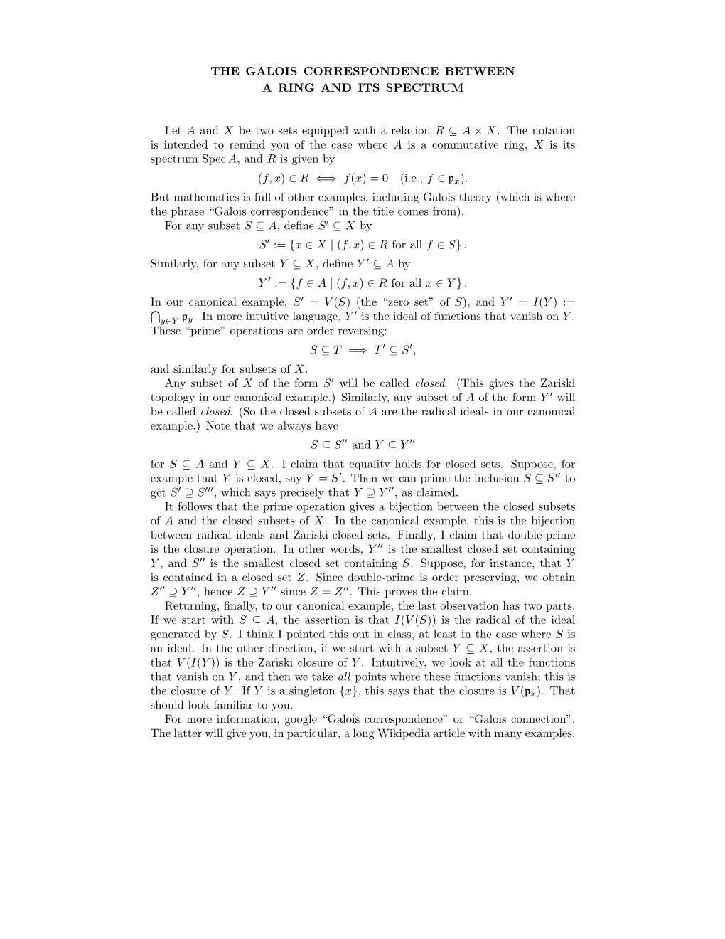 The Galois Correspondence Between a Ring and Its Spectrum