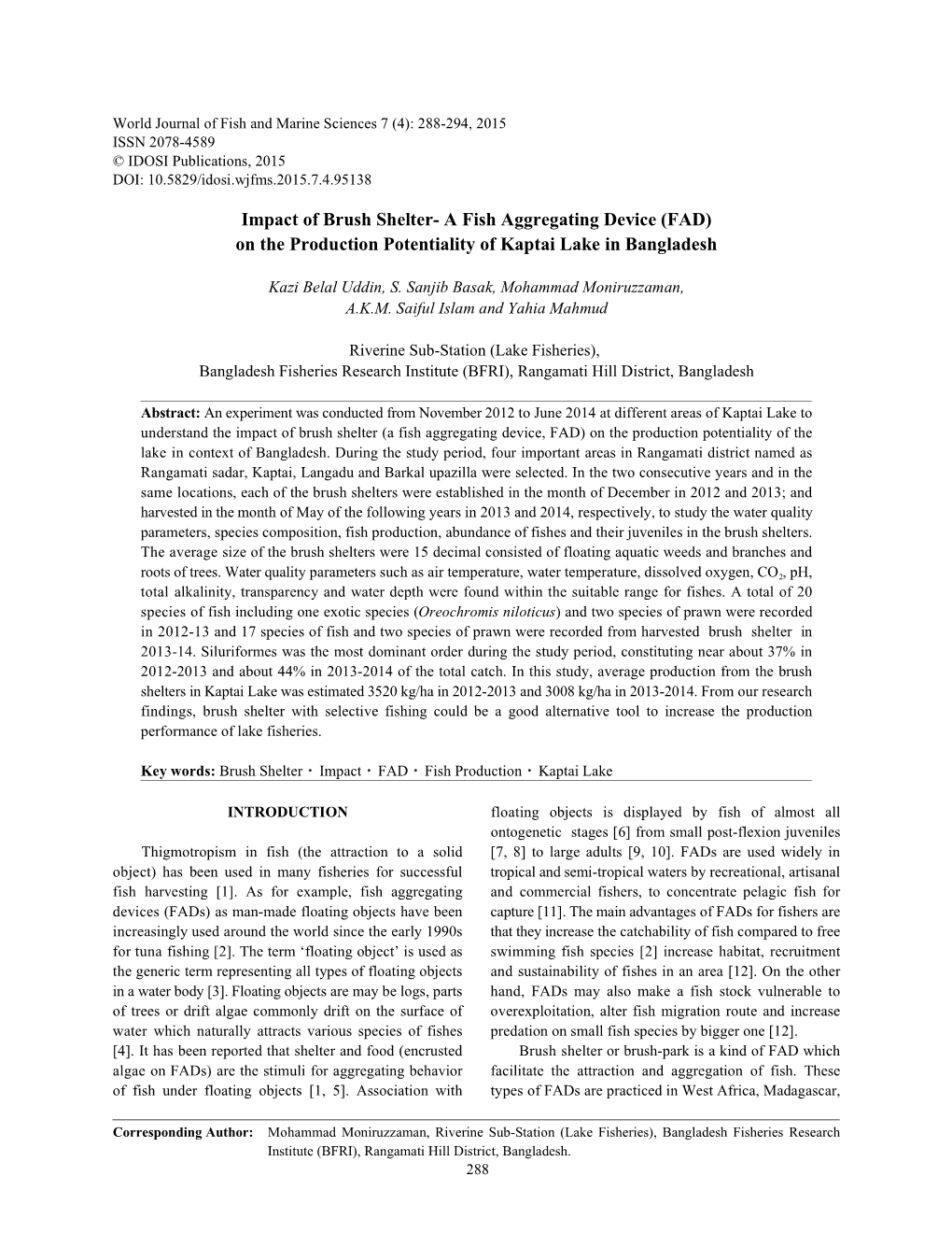 Impact of Brush Shelter- a Fish Aggregating Device (FAD) on the Production Potentiality of Kaptai Lake in Bangladesh