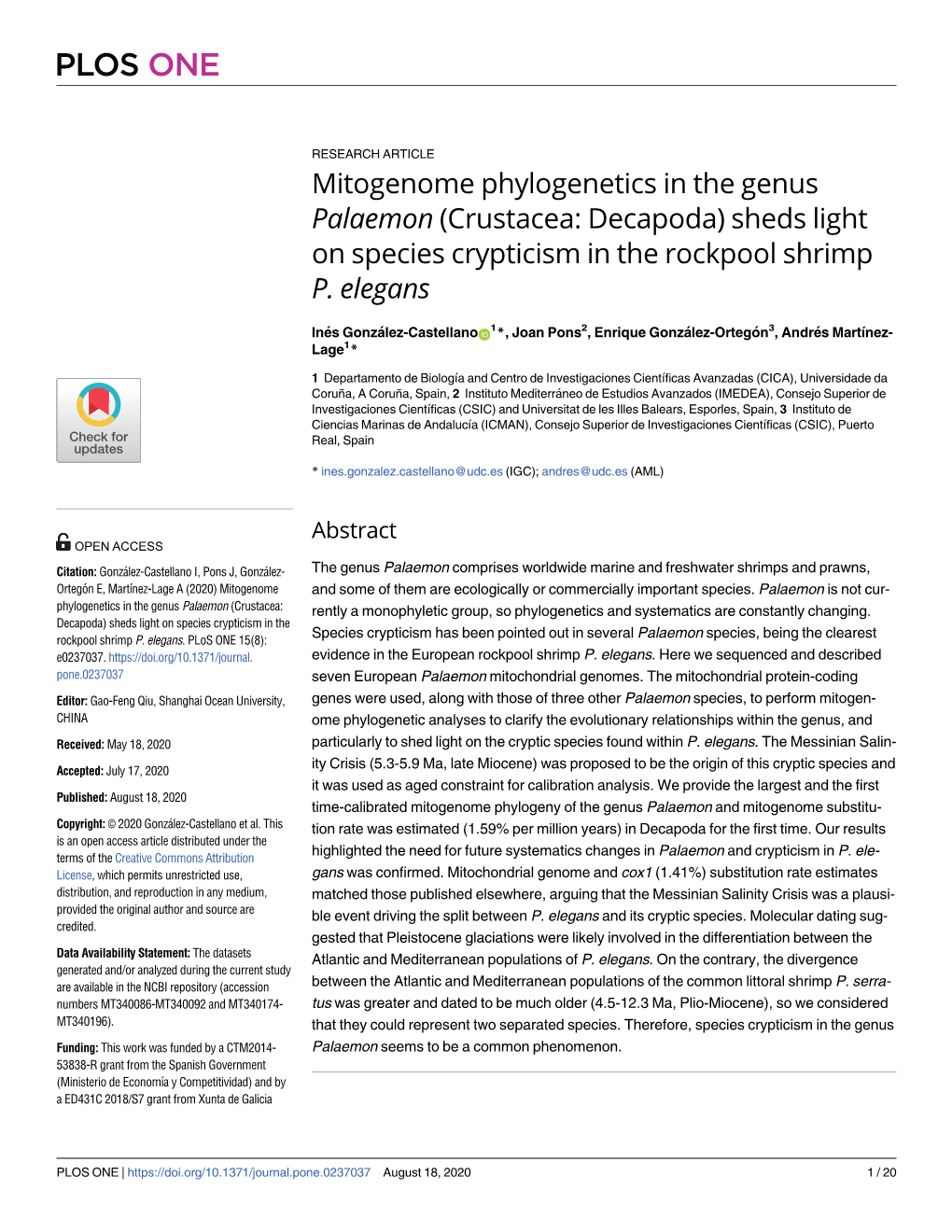 Mitogenome Phylogenetics in the Genus Palaemon (Crustacea: Decapoda) Sheds Light on Species Crypticism in the Rockpool Shrimp P