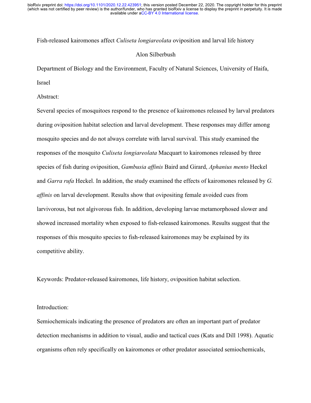 Fish-Released Kairomones Affect Culiseta Longiareolata Oviposition and Larval Life History