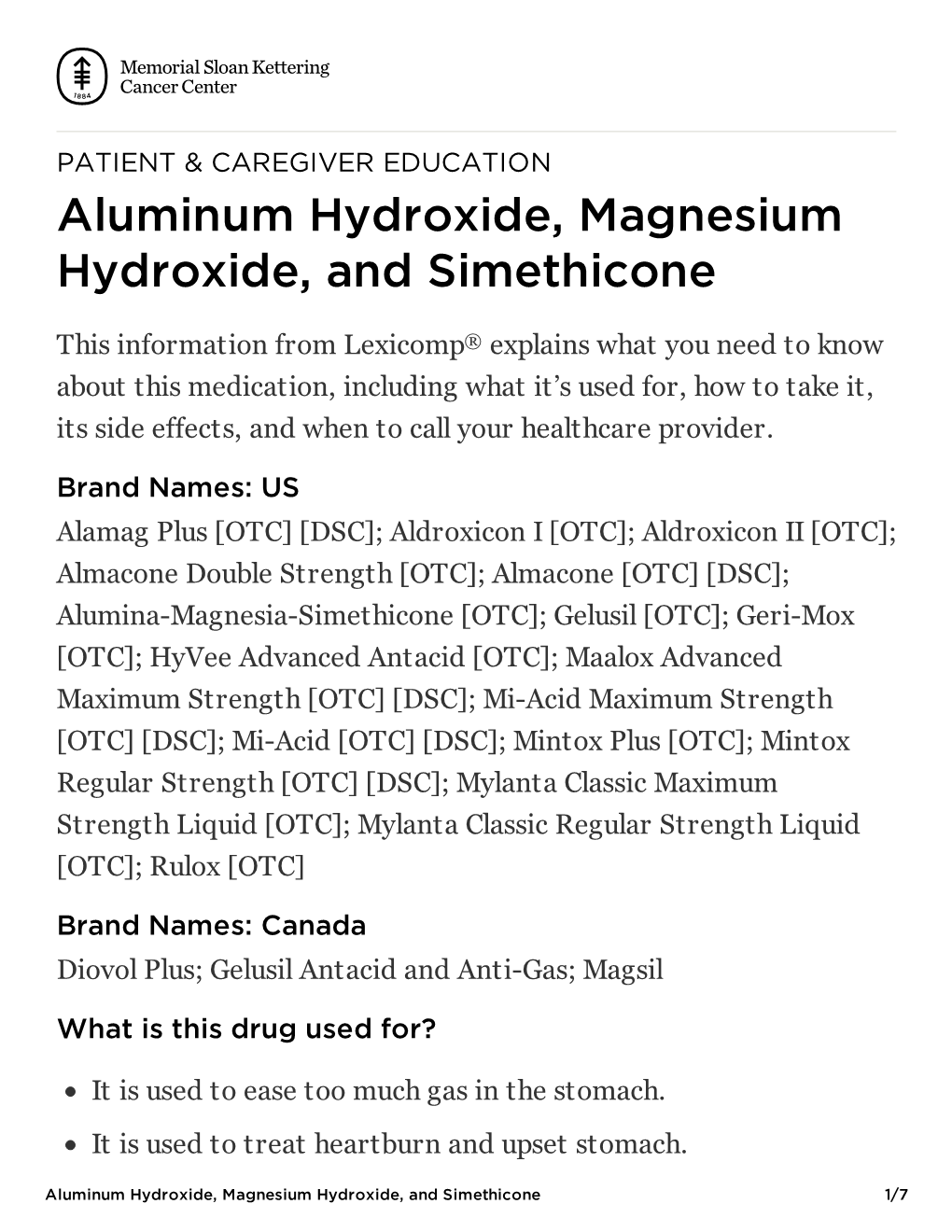 Aluminum Hydroxide, Magnesium Hydroxide, and Simethicone | Memorial Sloan Kettering Cancer Center