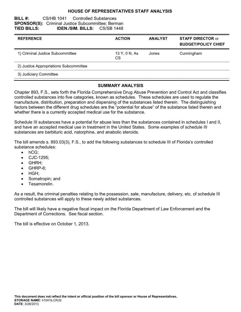 CS/HB 1041 Controlled Substances SPONSOR(S): Criminal Justice Subcommittee; Berman TIED BILLS: IDEN./SIM