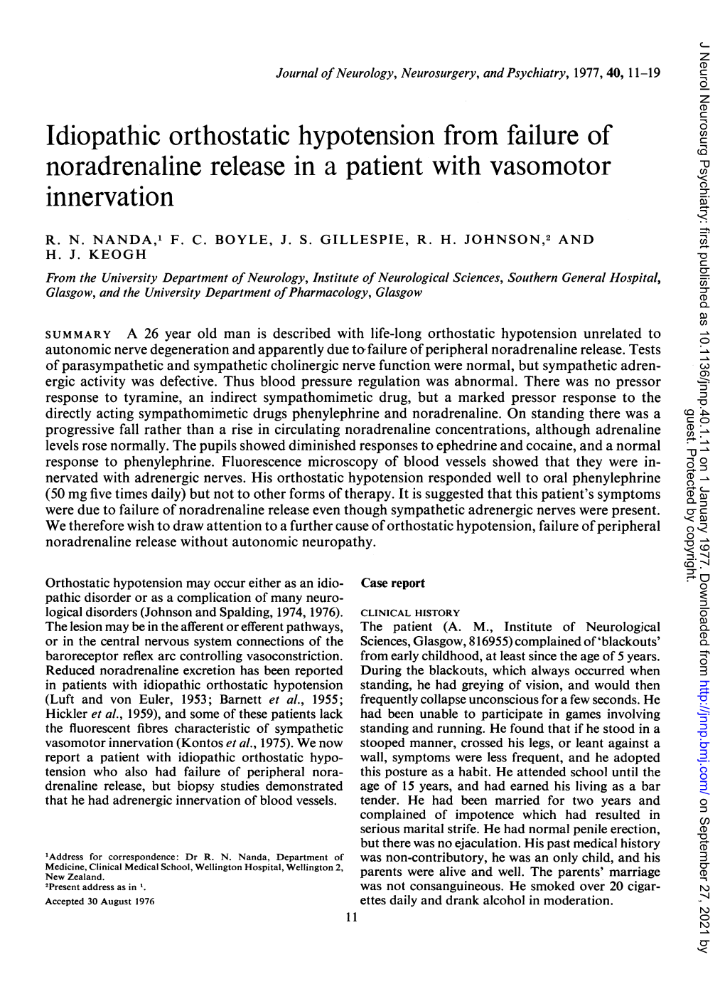 Idiopathic Orthostatic Hypotension from Failure of Noradrenaline Release in a Patient with Vasomotor Innervation