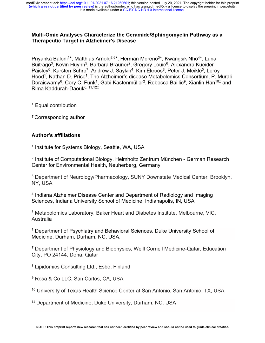 Multi-Omic Analyses Characterize the Ceramide/Sphingomyelin Pathway As a Therapeutic Target in Alzheimer's Disease