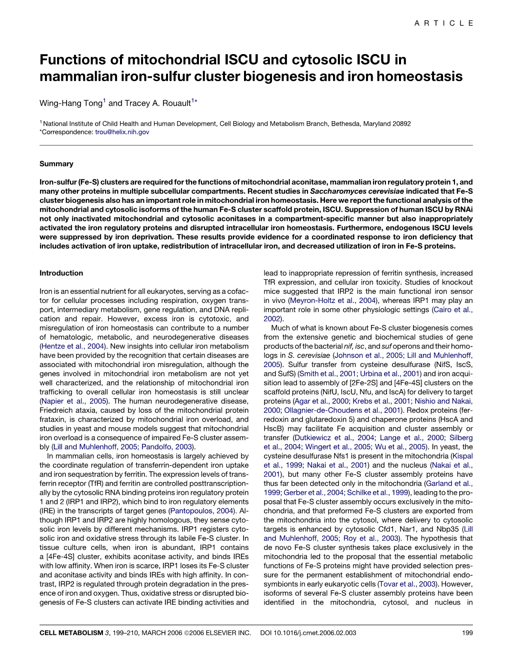 Functions of Mitochondrial ISCU and Cytosolic ISCU in Mammalian Iron-Sulfur Cluster Biogenesis and Iron Homeostasis