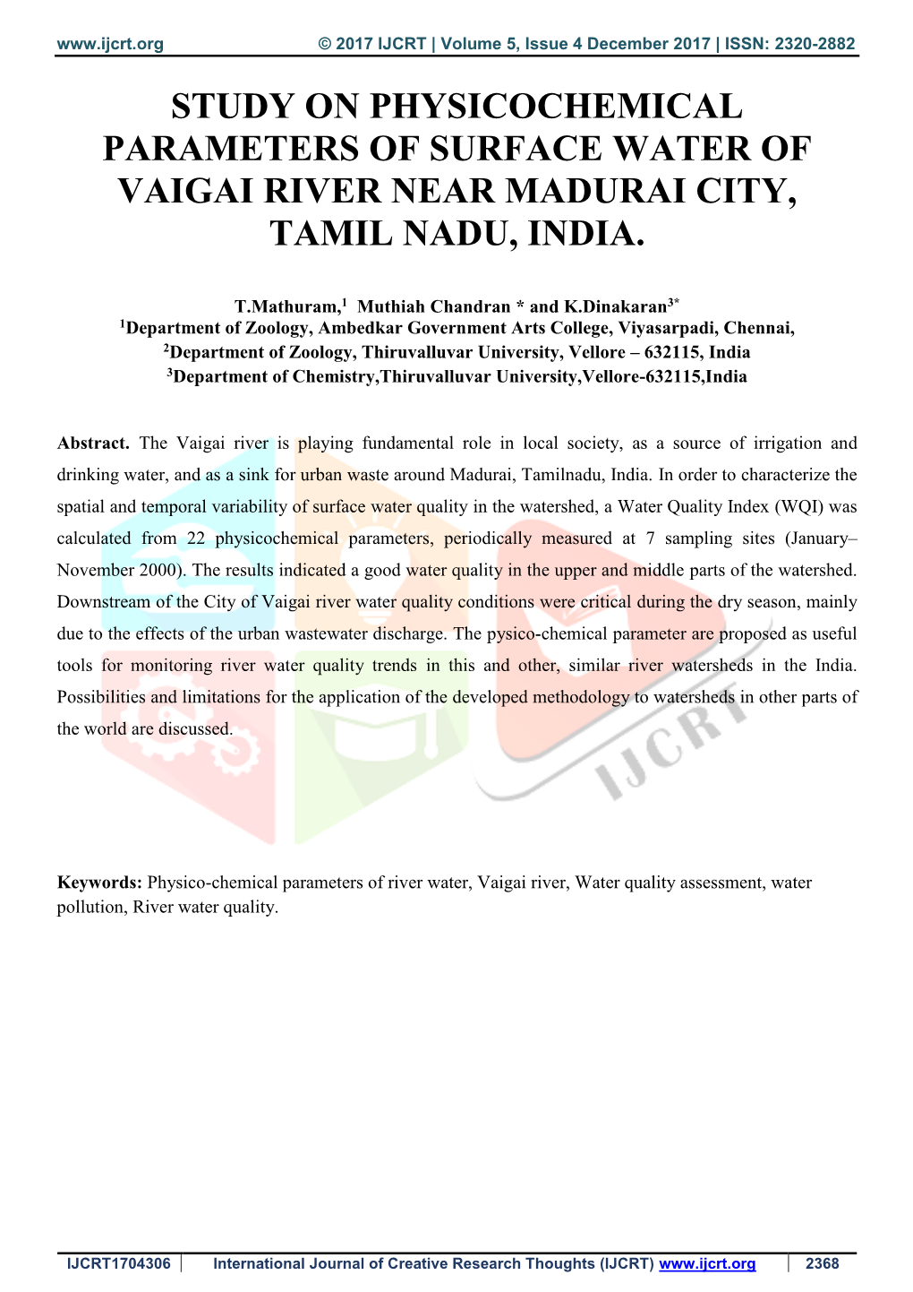 Study on Physicochemical Parameters of Surface Water of Vaigai River Near Madurai City, Tamil Nadu, India