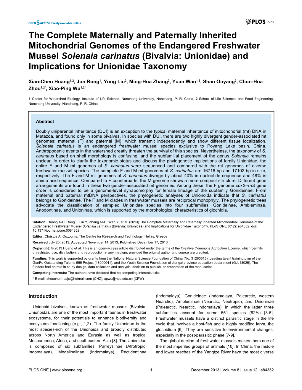 The Complete Maternally and Paternally Inherited Mitochondrial Genomes of the Endangered Freshwater Mussel Solenaia Carinatus