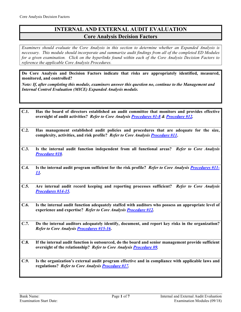 INTERNAL and EXTERNAL AUDIT EVALUATION Core Analysis Decision Factors