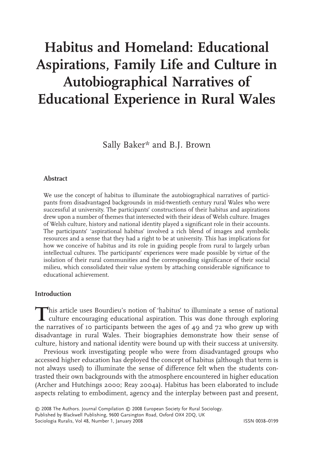 Habitus and Homeland: Educational Aspirations, Family Life and Culture in Autobiographical Narratives of Educational Experience in Rural Wales