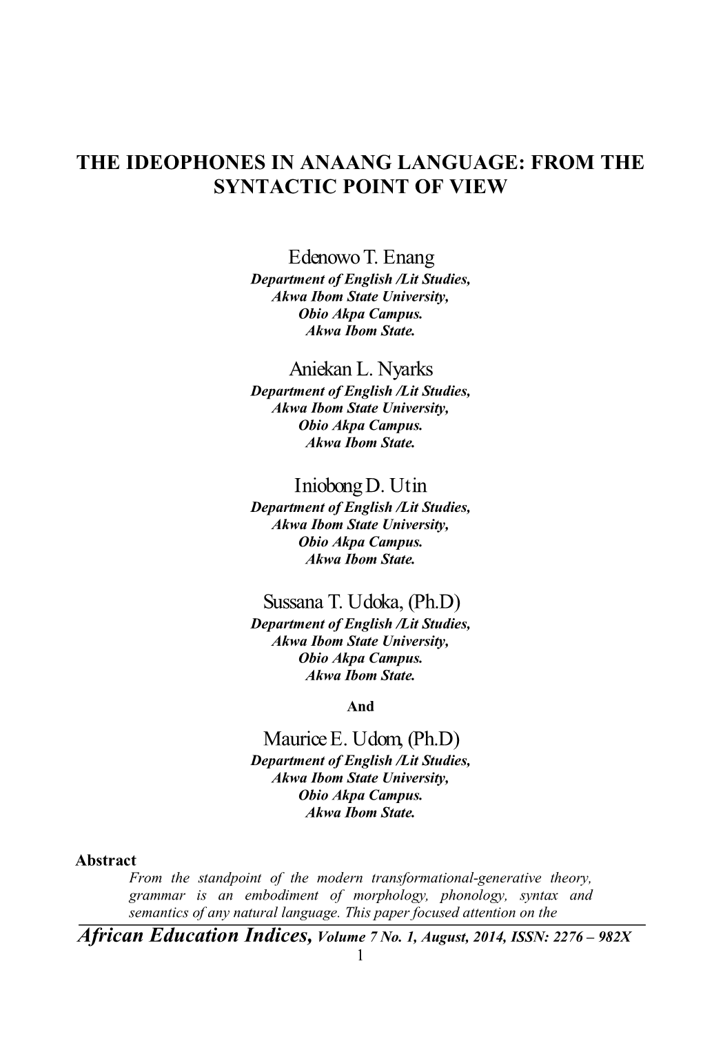 The Ideophones in Anaang Language: from the Syntactic Point of View