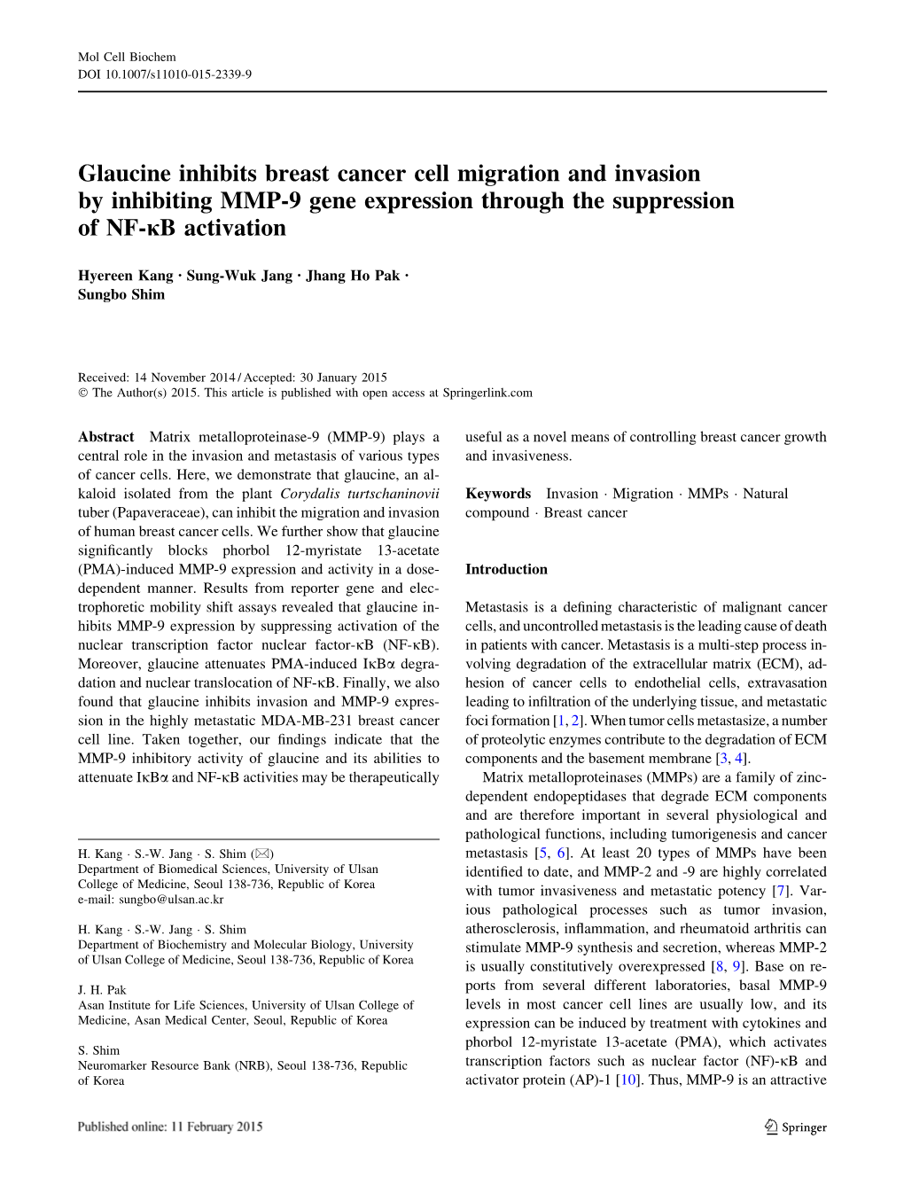 Glaucine Inhibits Breast Cancer Cell Migration and Invasion by Inhibiting MMP-9 Gene Expression Through the Suppression of NF-Jb Activation