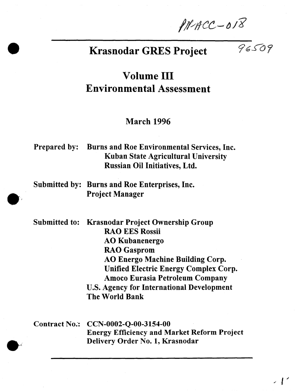 Krasnodar GRES Project Volume I11 Environmental Assessment