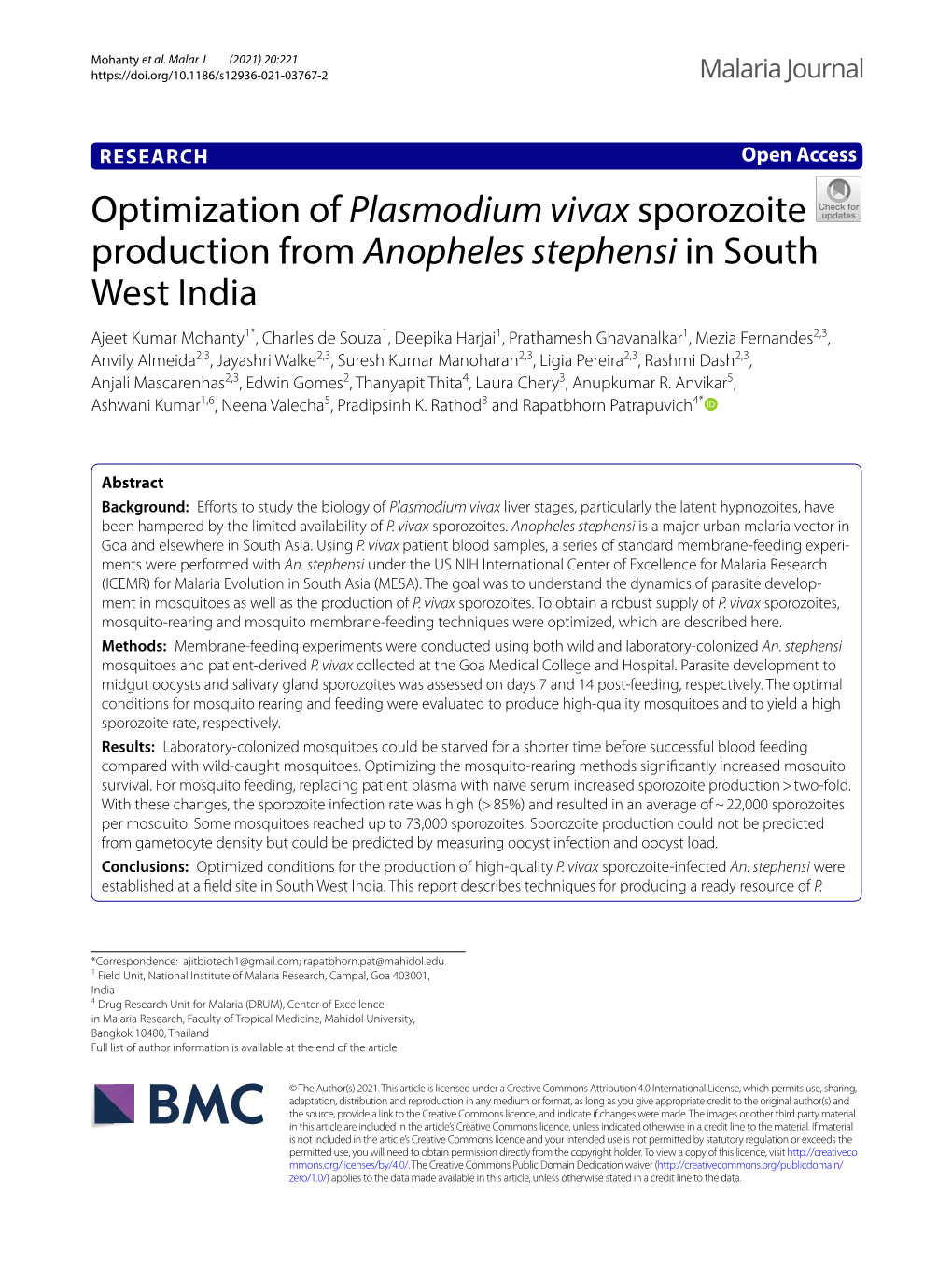 Optimization of Plasmodium Vivax Sporozoite Production from Anopheles Stephensi in South West India