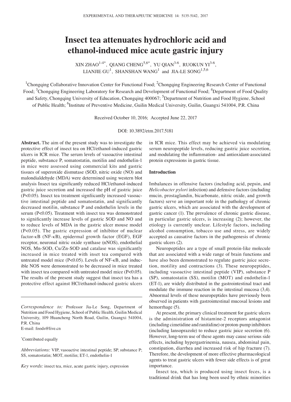 Insect Tea Attenuates Hydrochloric Acid and Ethanol‑Induced Mice Acute Gastric Injury