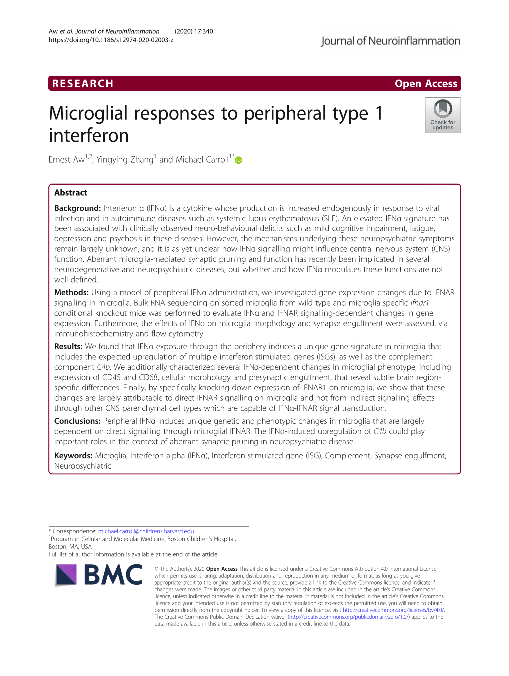 Microglial Responses to Peripheral Type 1 Interferon Ernest Aw1,2, Yingying Zhang1 and Michael Carroll1*