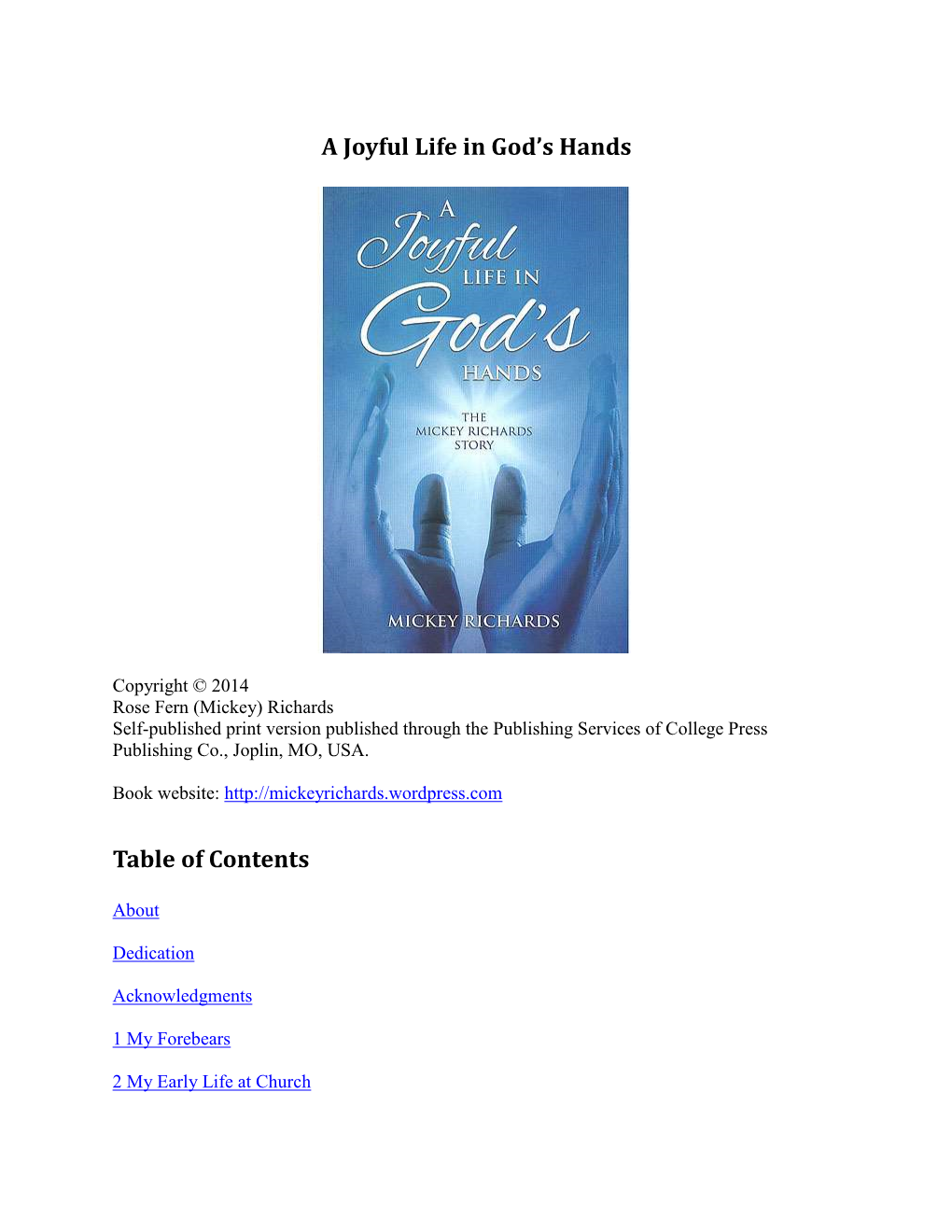 A Joyful Life in God's Hands Table of Contents