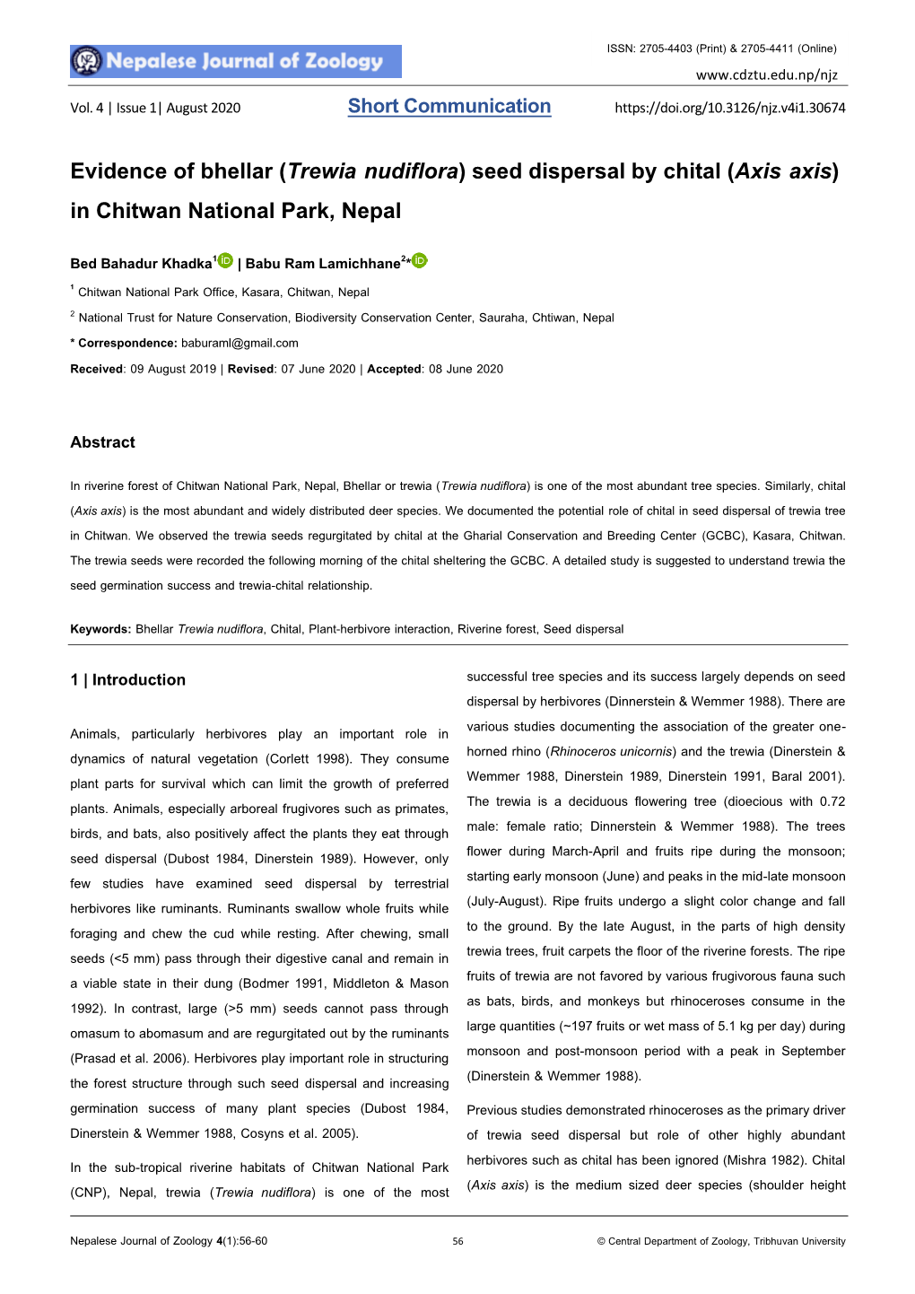 Evidence of Bhellar (Trewia Nudiflora) Seed Dispersal by Chital (Axis Axis) in Chitwan National Park, Nepal