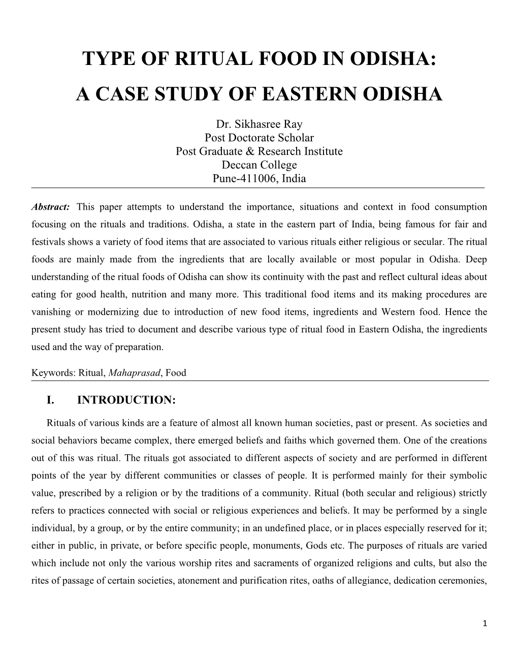 Type of Ritual Food in Odisha: a Case Study of Eastern Odisha