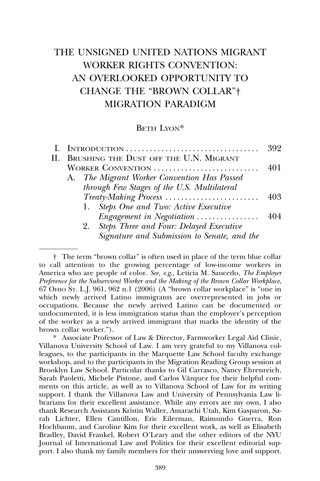 The Unsigned United Nations Migrant Worker Rights Convention: an Overlooked Opportunity to Change the “Brown Collar”† Migration Paradigm