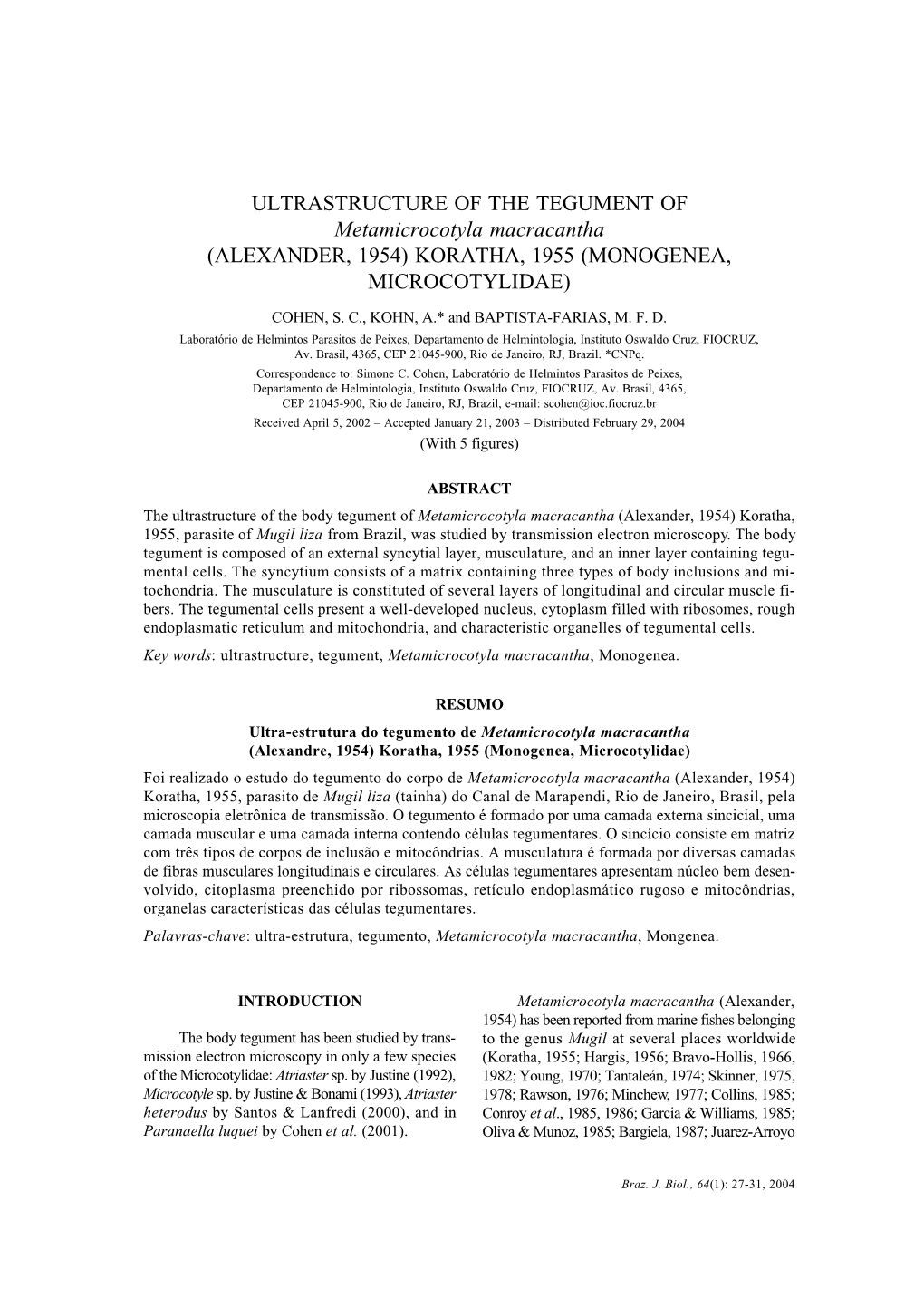 ULTRASTRUCTURE of the TEGUMENT of Metamicrocotyla Macracantha 27