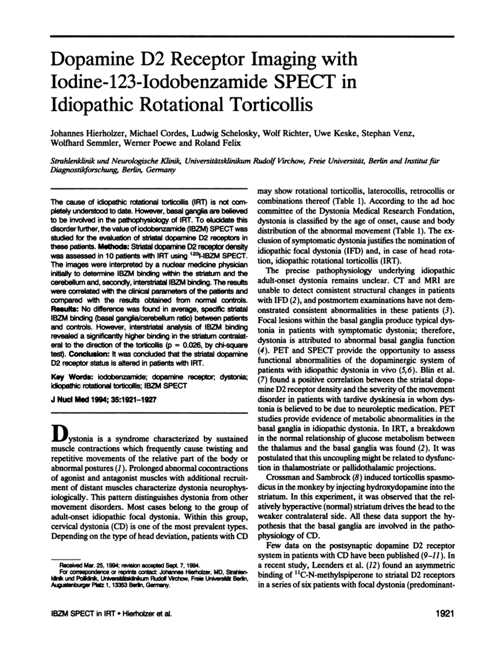 Dopamine D2 Receptor Imaging with Iodine-123-Iodobenzamide SPECT in Idiopathic Rotational Torticollis