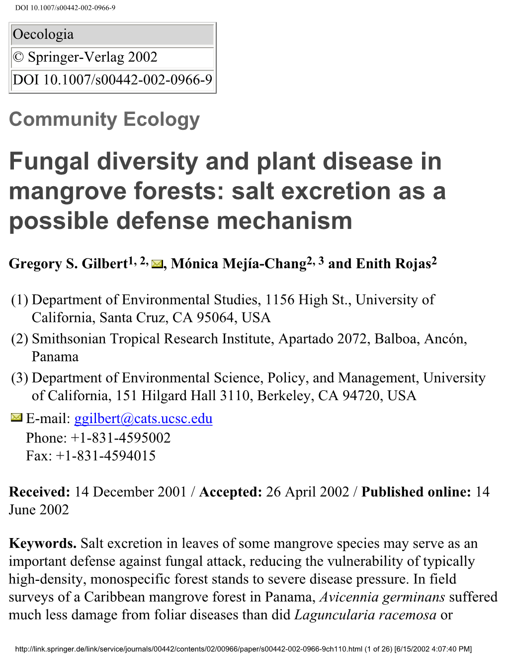 Fungal Diversity and Plant Disease in Mangrove Forests: Salt Excretion As a Possible Defense Mechanism