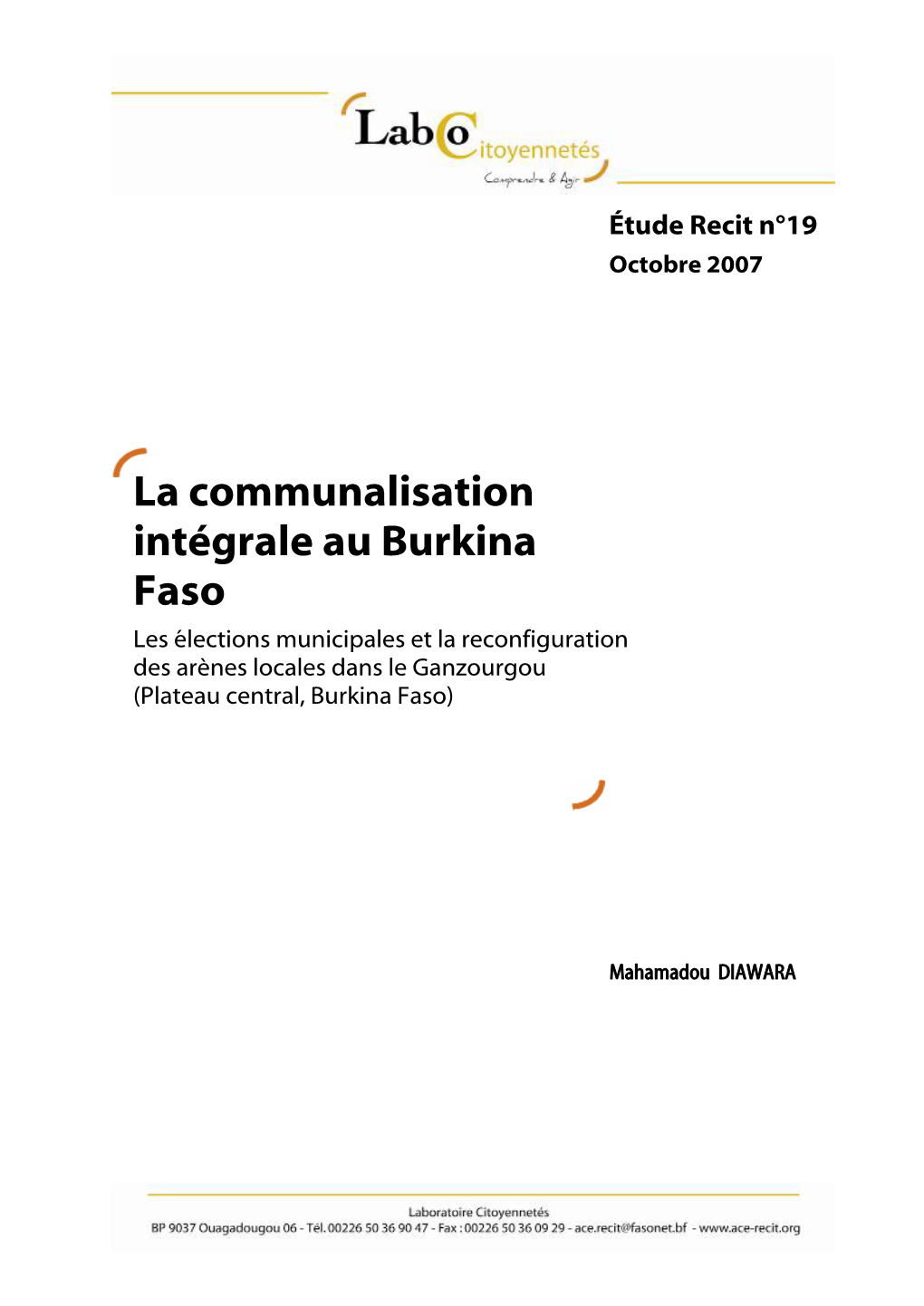 La Communalisation Intégrale Au Burkina Faso