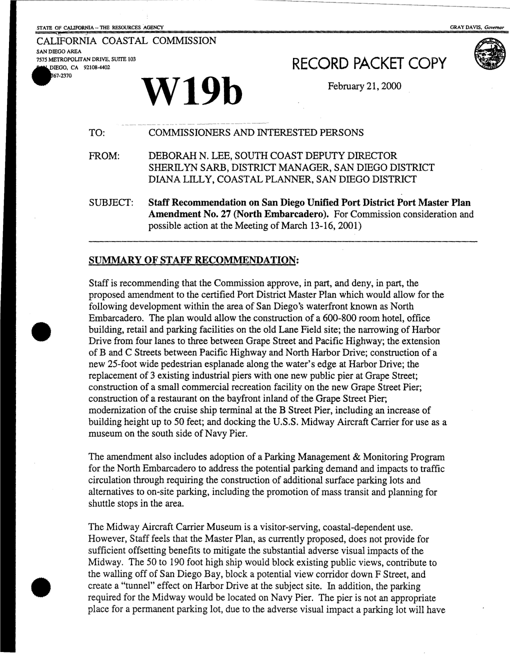 Port Master Plan Amendment No. 27 (North Embarcadero)