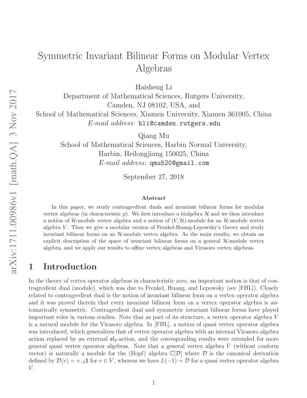 Symmetric Invariant Bilinear Forms on Modular Vertex Algebras
