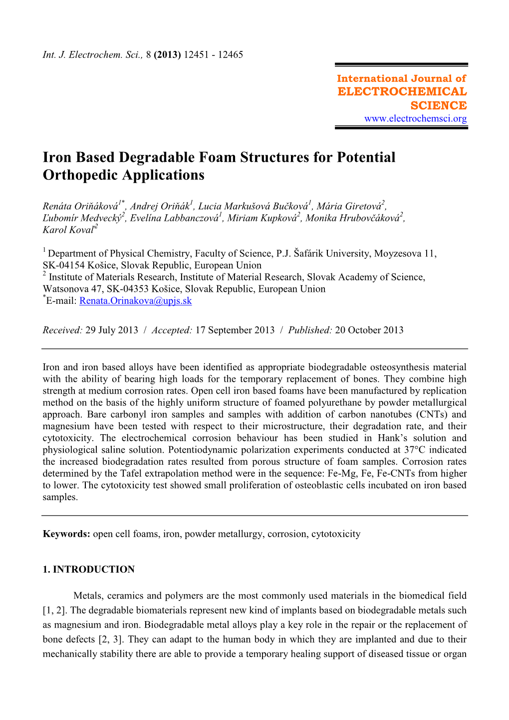 Iron Based Degradable Foam Structures for Potential Orthopedic Applications