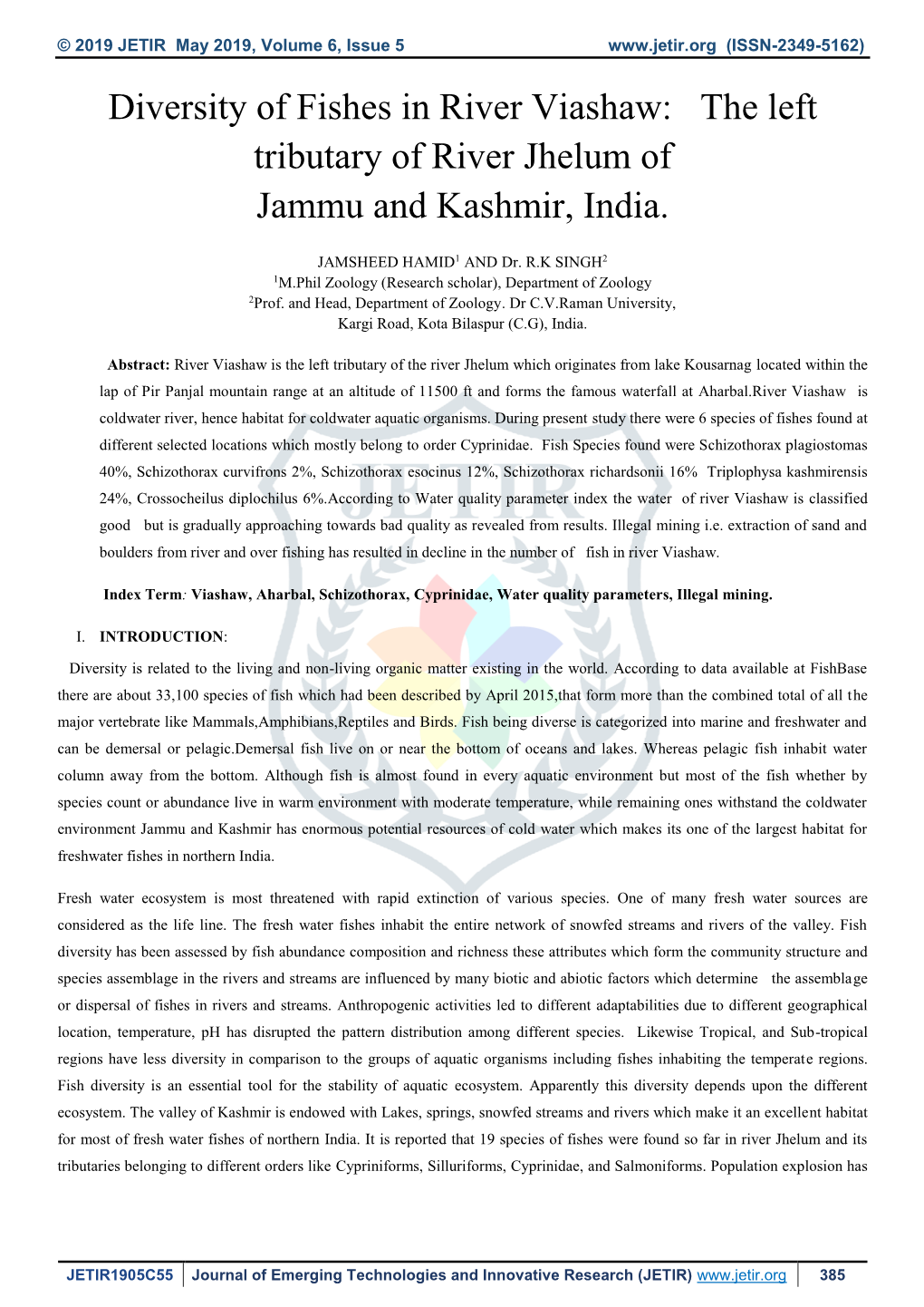 Diversity of Fishes in River Viashaw: the Left Tributary of River Jhelum of Jammu and Kashmir, India