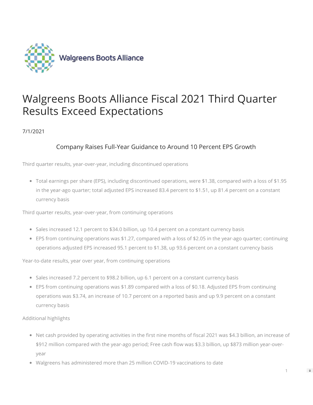 Walgreens Boots Alliance Fiscal 2021 Third Quarter Results Exceed Expectations