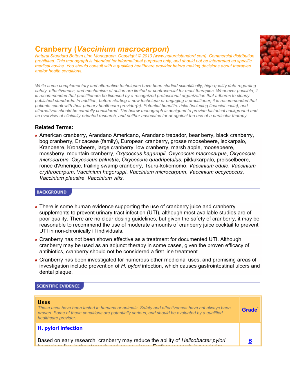 Cranberry (Vaccinium Macrocarpon) Natural Standard Bottom Line Monograph, Copyright © 2010 (