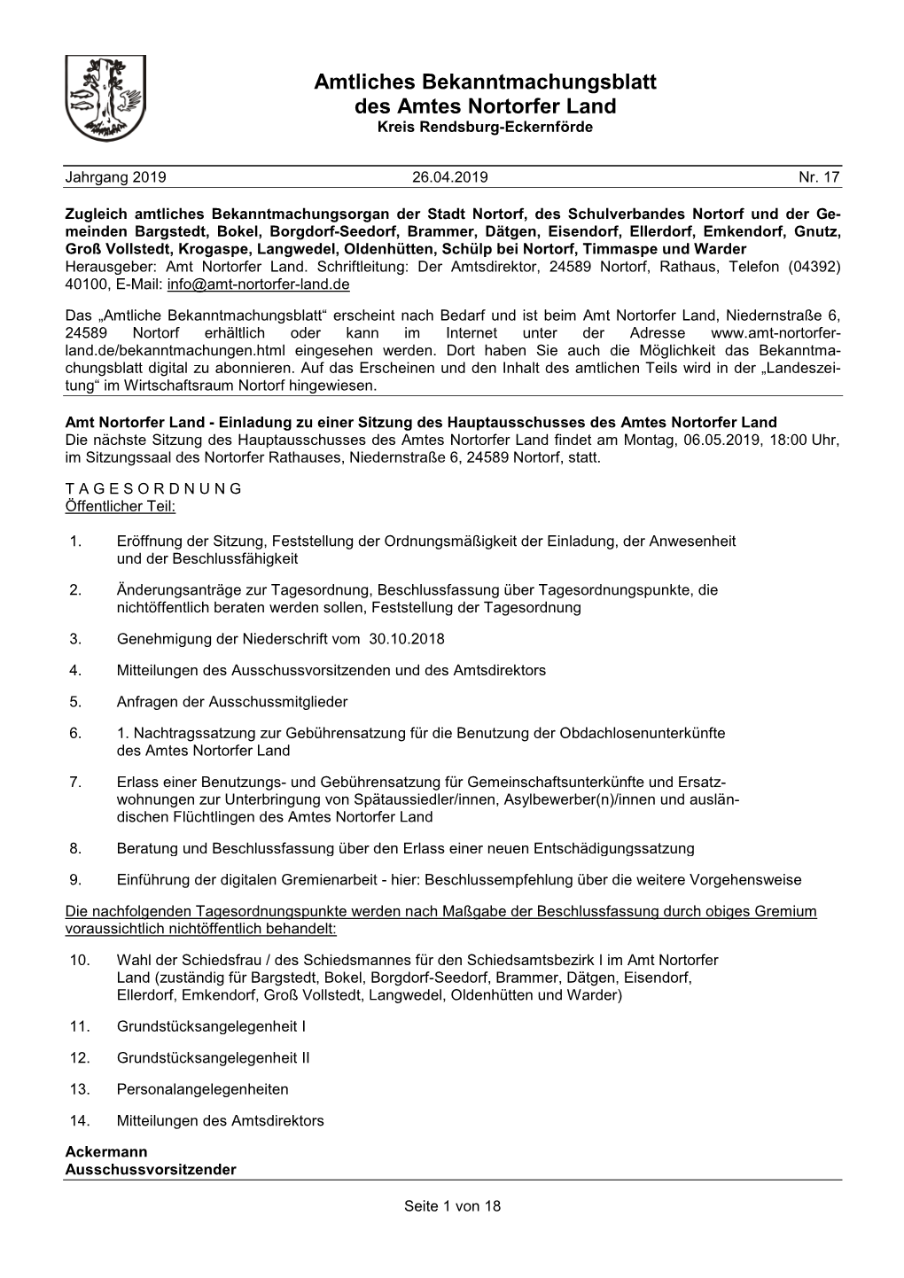 Amtliches Bekanntmachungsblatt Des Amtes Nortorfer Land Kreis Rendsburg-Eckernförde