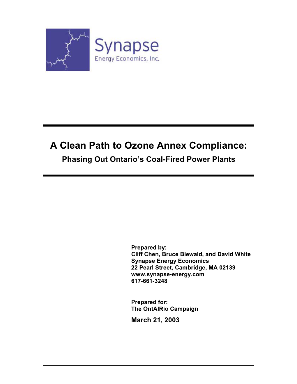 A Clean Path to Ozone Annex Compliance: Phasing out Ontario’S Coal-Fired Power Plants